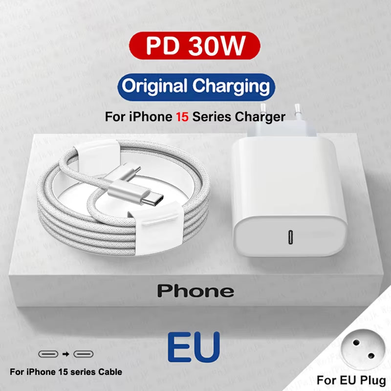 For Apple Original 30W Type C Quick Charger for Iphone 16 15 14 13 12 11 Pro Max Mini X XS XR 8 plus Fast Charging Charge Cable