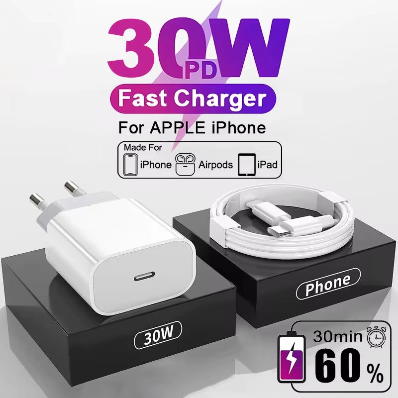 For Apple Original 30W Type C Quick Charger for Iphone 16 15 14 13 12 11 Pro Max Mini X XS XR 8 plus Fast Charging Charge Cable