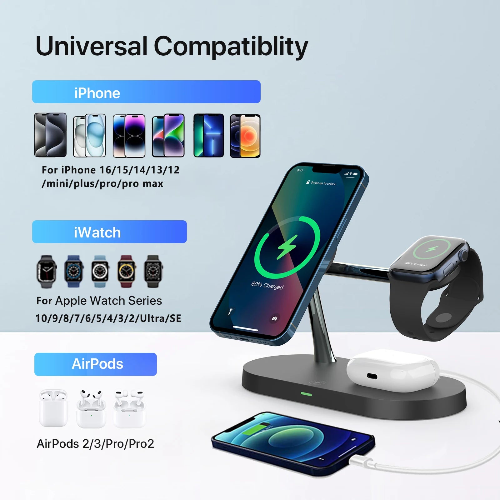 3 in 1 Wireless Charger Stand for Iphone 12 13 14 15 16 Fast Charging Station for Apple Watch 10 9 8 7 6 5 4 Airpods 2 3 Pro