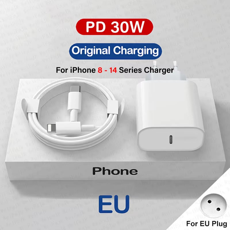 For Apple Original 30W Type C Quick Charger for Iphone 16 15 14 13 12 11 Pro Max Mini X XS XR 8 plus Fast Charging Charge Cable