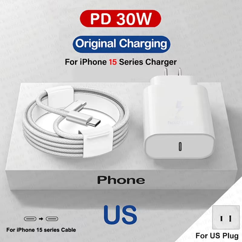 For Apple Original 30W Type C Quick Charger for Iphone 16 15 14 13 12 11 Pro Max Mini X XS XR 8 plus Fast Charging Charge Cable