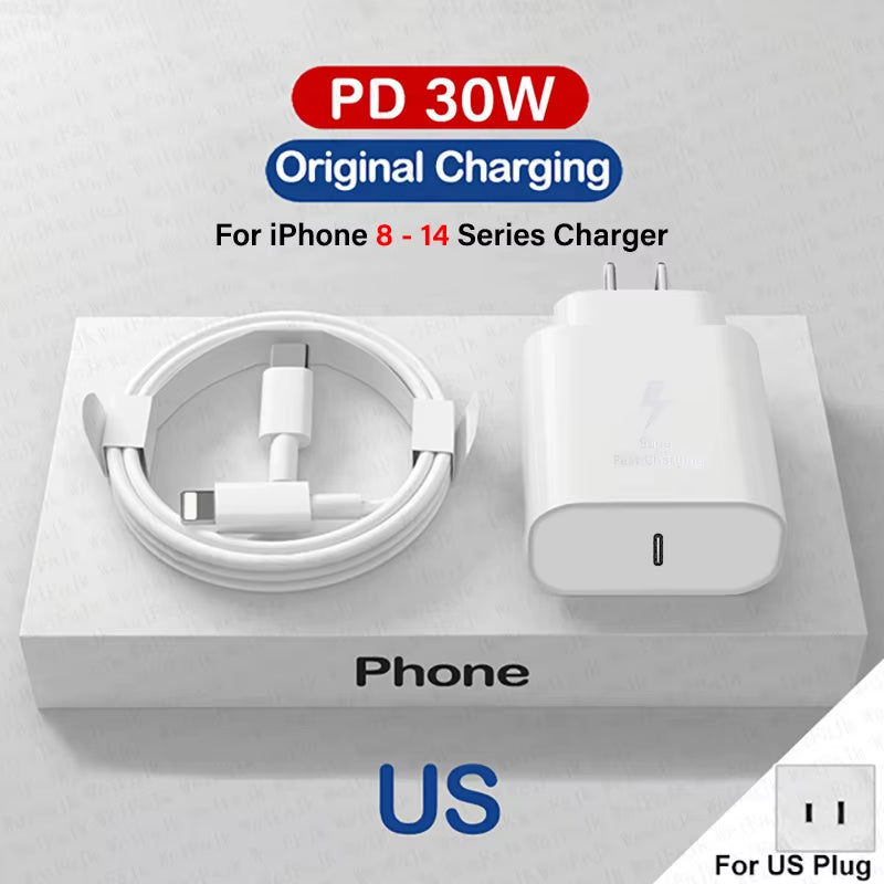 For Apple Original 30W Type C Quick Charger for Iphone 16 15 14 13 12 11 Pro Max Mini X XS XR 8 plus Fast Charging Charge Cable